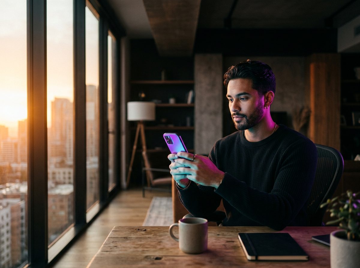 Focused person starting their morning ritual, checking habit streak on a glowing phone at sunrise